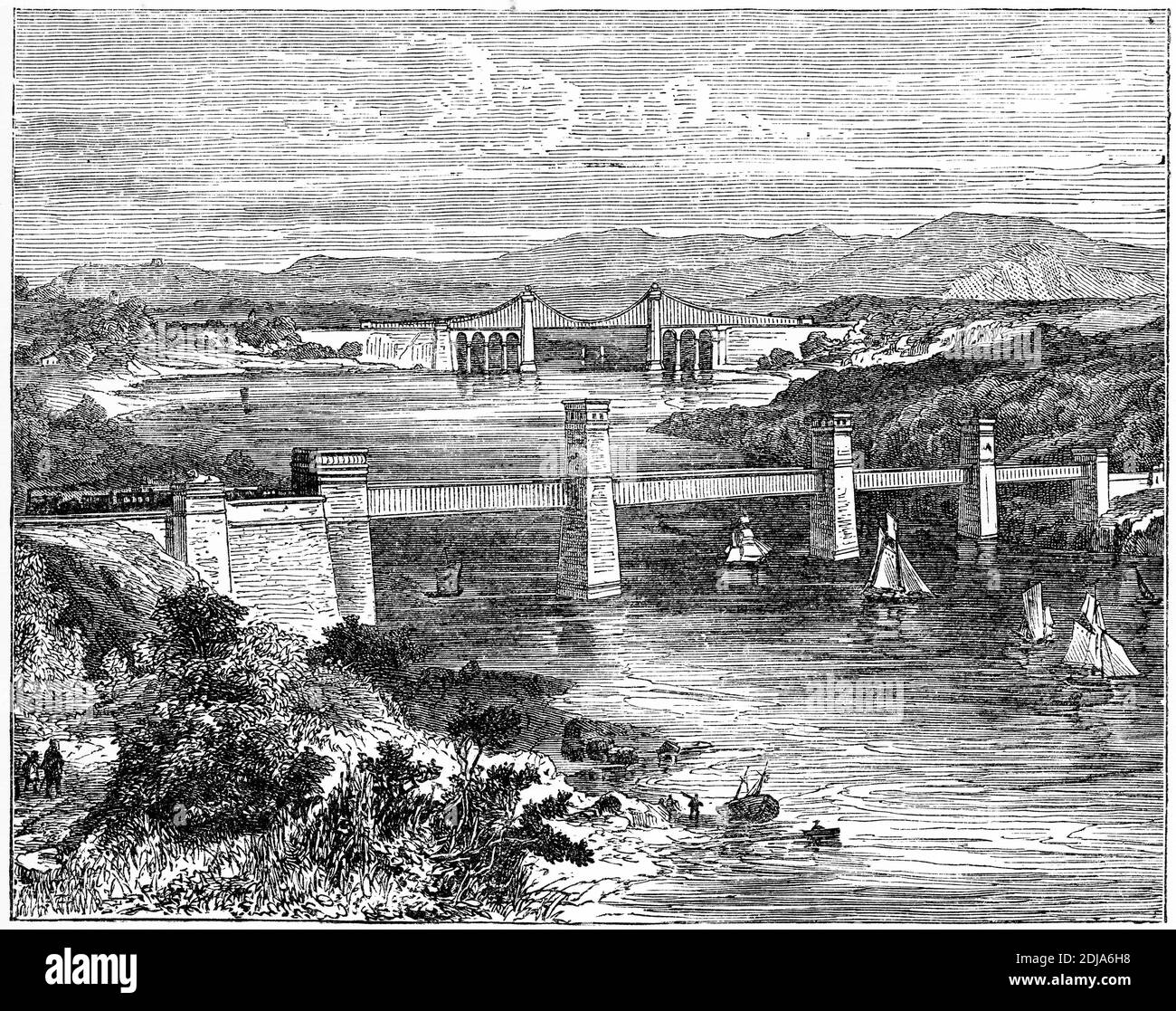 Gravure du pont ferroviaire de Menai et du pont suspendu Reliant Angelsey et le Nord du pays de Galles Banque D'Images