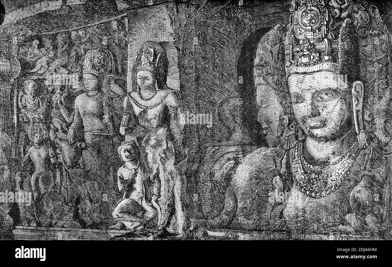 Gravure de figures sculptées dans la grotte d'elephanta, un site classé au patrimoine mondial de l'UNESCO et une collection de temples troglodytes principalement dédiés au dieu hindou Shiva. Les grottes sont sur l'île Elephanta, ou Gharapuri dans le port de Mumbai, à l'est de Mumbai dans l'État indien de Mahārāshtra. Banque D'Images