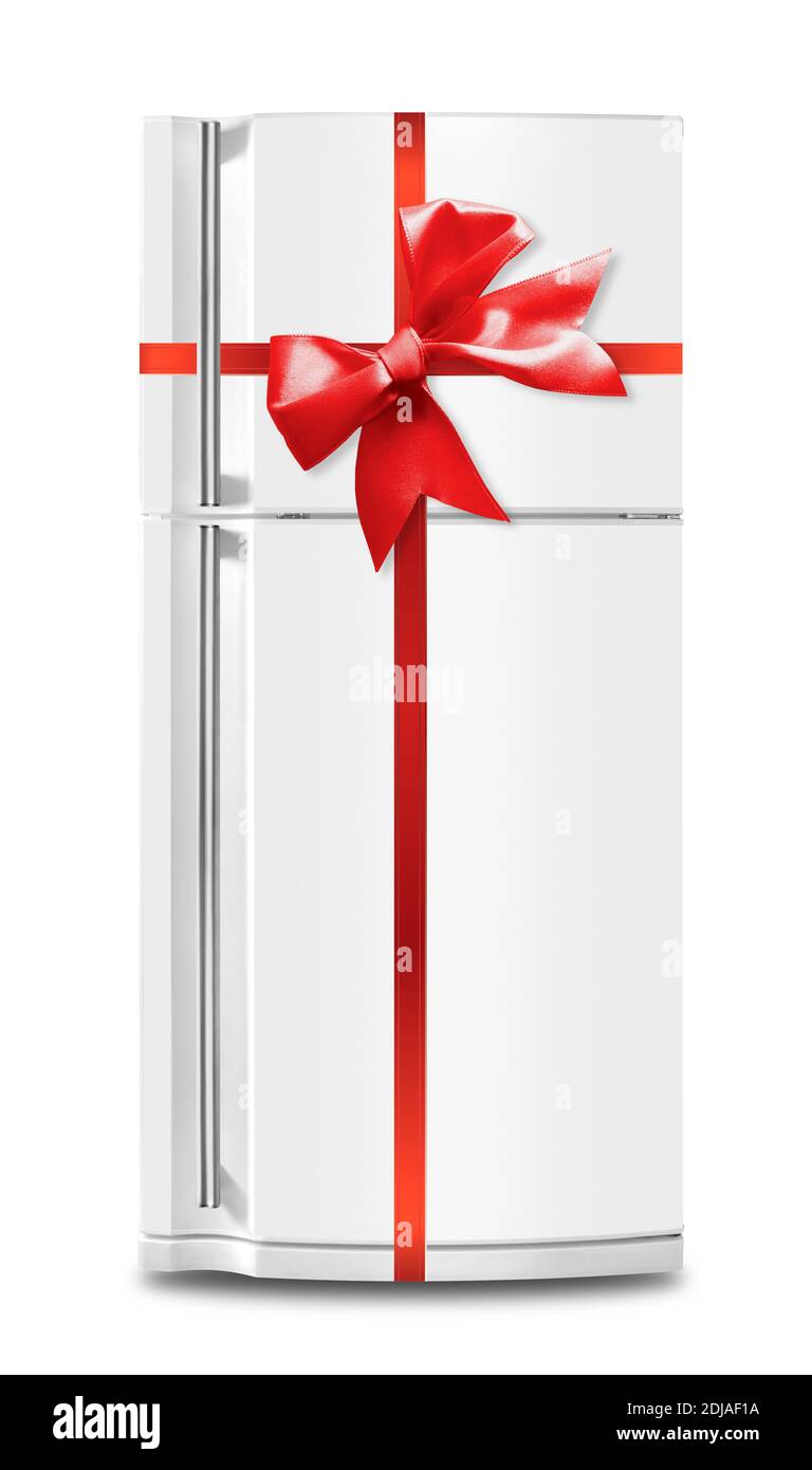 Gros appareil - le réfrigérateur réfrigérateur lié cadeau arc rouge sur un fond blanc. Isolé Banque D'Images