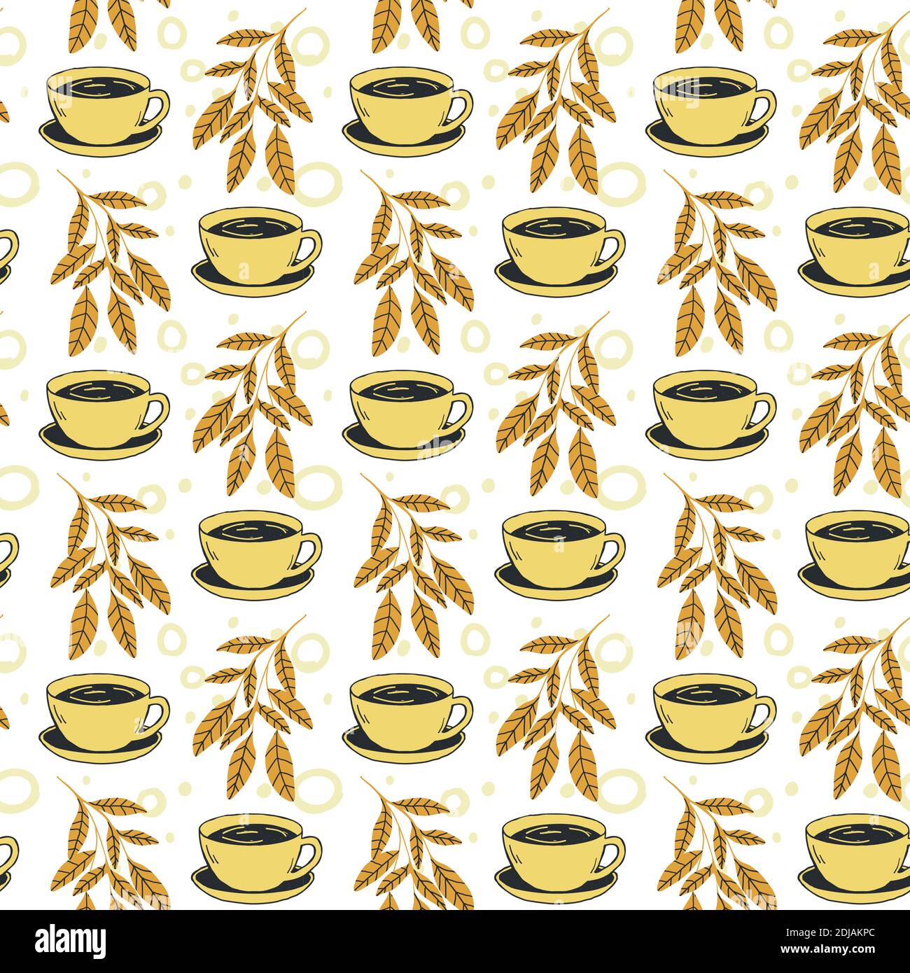 Tasses à café et feuilles à motif Vector sans couture, fond blanc Illustration de Vecteur