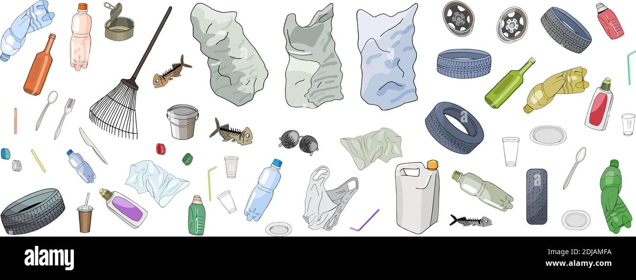 Ensemble de déchets et de sacs isolat sur fond blanc. Illustration vectorielle. Illustration de Vecteur