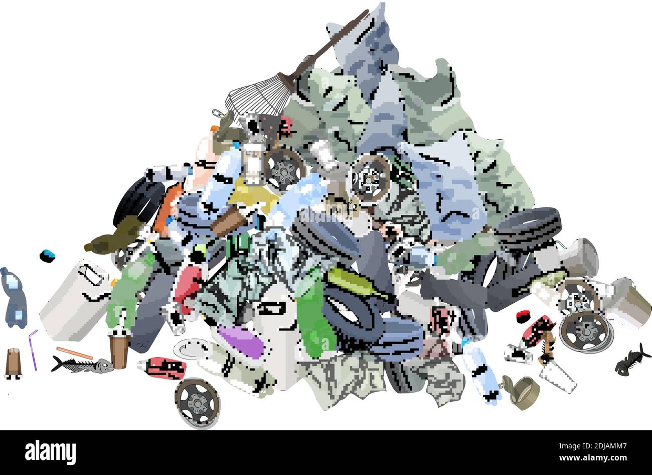 Pile de déchets, sacs poubelle et râteau. Le concept de l'écologie et la Journée mondiale de nettoyage. Illustration de Vecteur