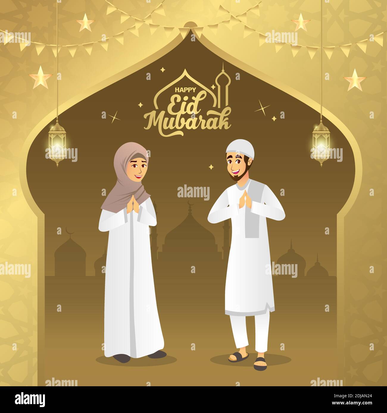 Carte De Vœux Eid Mubarak Dessin Anime Couple Musulman Benediction Eid Al Fitr Sur Fond D Or Illustration Vectorielle Image Vectorielle Stock Alamy