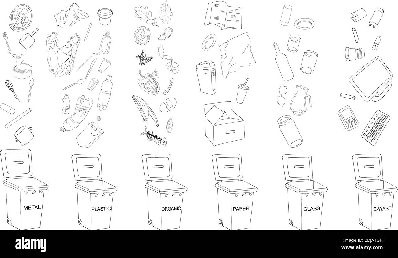 Poubelles avec ensemble de déchets triés. Différents types de déchets - organique, plastique, métal, papier, verre, E-déchets. Collection vectorielle de poubelles. Illustration de Vecteur