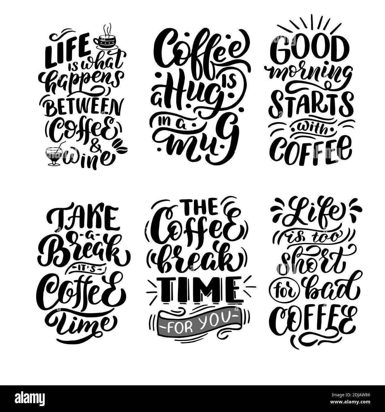 Ensemble de 6 phrases sur le café dans des graphiques vectoriels sur fond blanc. Pour la conception de cartes postales, d'affiches, de bannières, de couvertures de carnets, de tirages pour t Illustration de Vecteur