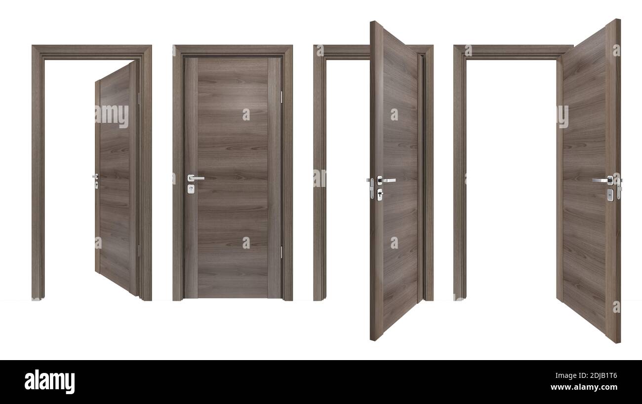 Ensemble moderne de portes en bois massif avec texture en chêne gris haute résolution. Rendu 3D de style minimaliste bois brun fermé, ouvert à l'intérieur, à l'extérieur de la porte Banque D'Images