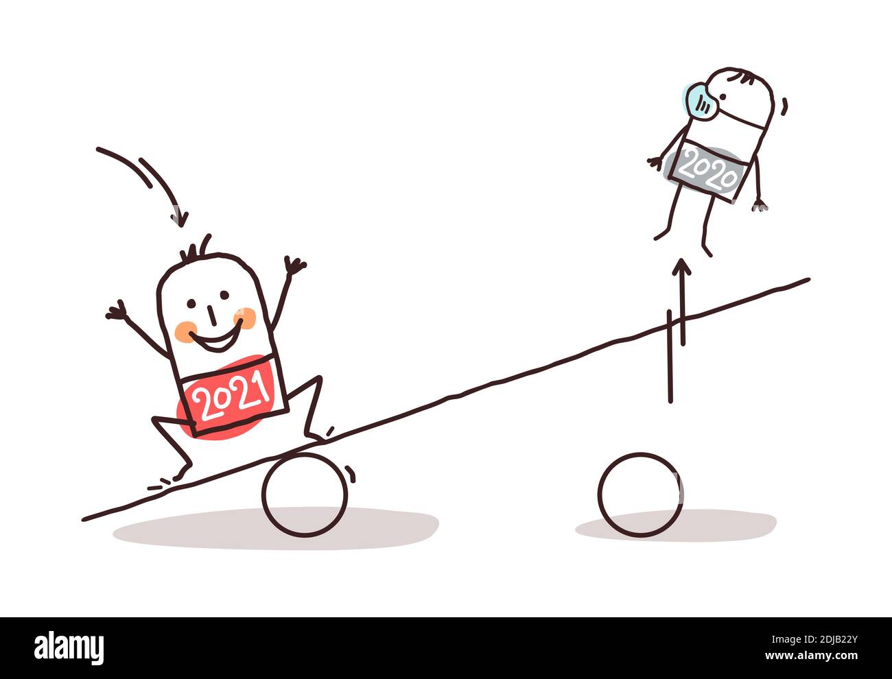 Dessin main du dessin animé 2021 Homme qui saute sur un plateau de mesure, et de heurter un 2020 avec masque Illustration de Vecteur