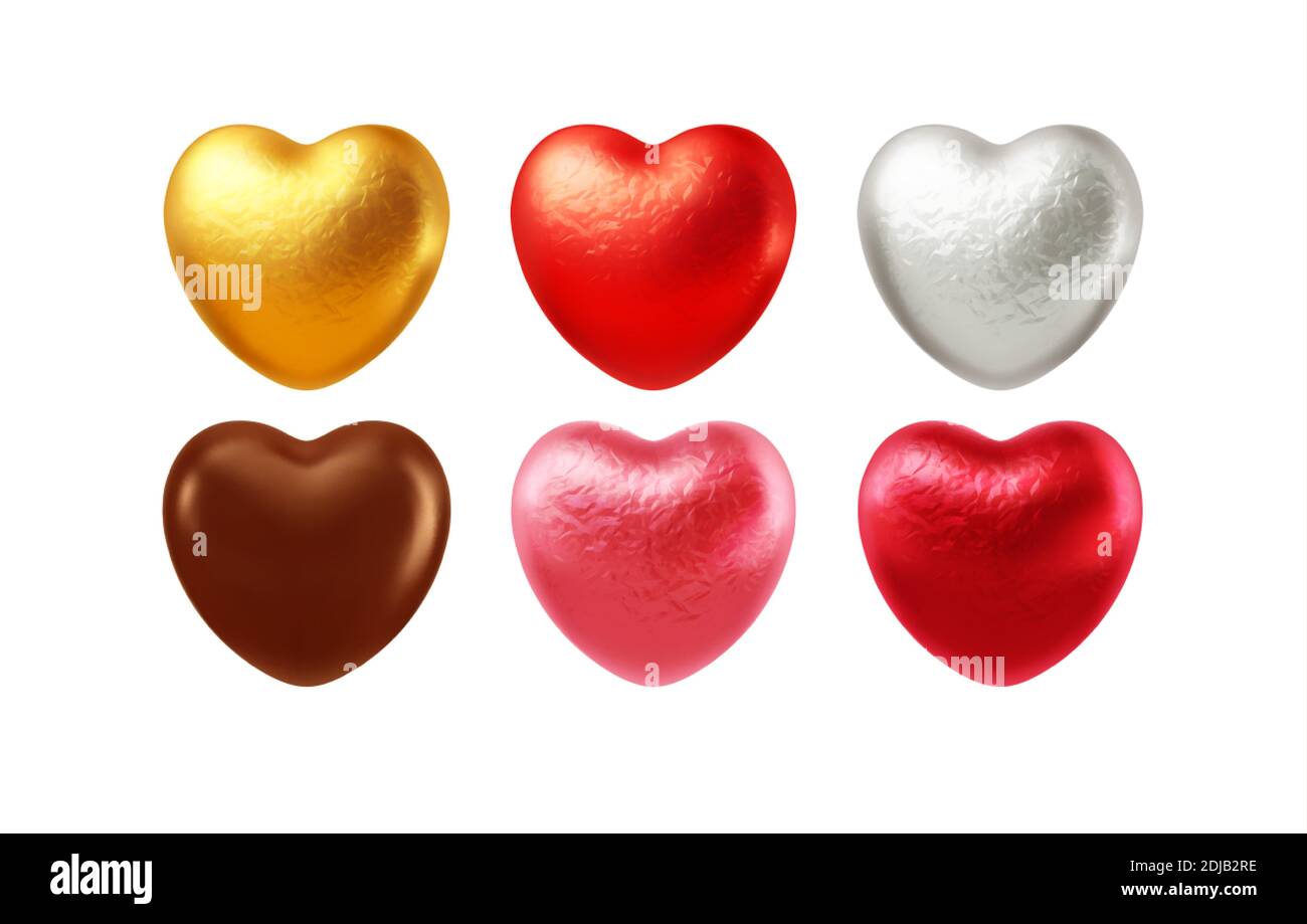 Ensemble de chocolats réalistes en forme de cœur enveloppés dans un emballage de friandises en aluminium. Élément festif pour une Saint Valentin heureuse. Illustration vectorielle Illustration de Vecteur