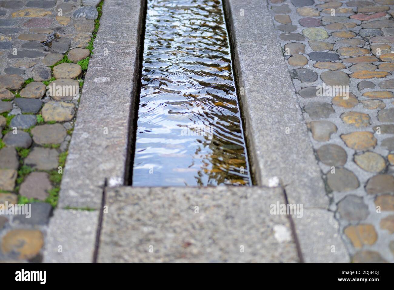 Bord de pierre de Bächle rill vu de haut angle. Petite piste remplie d'eau sur la rue pavée de la ville de Fribourg, en Allemagne Banque D'Images