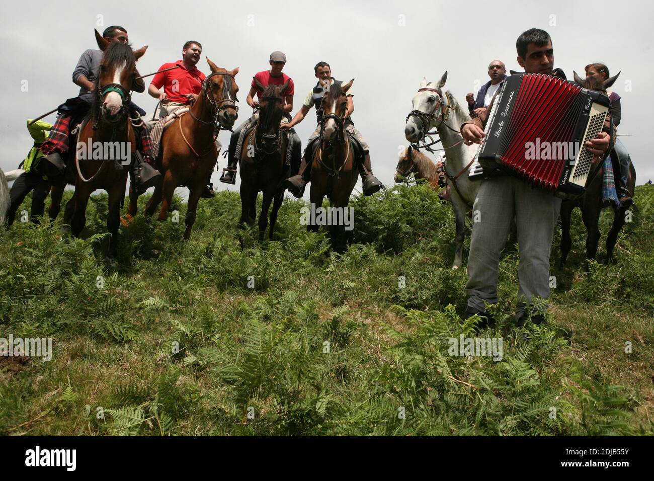 Les habitants chantent dans les montagnes pendant la Rapa das Bestas à proximité du village de Sabucedo en Galice, en Espagne. Les chevaux galiciens vivent gratuitement dans les pâturages des hautes terres tout au long de l'année. Un jour de juillet, six cents chevaux sont conduits ensemble jusqu'au village, où le festival traditionnel de la course de chevaux connu sous le nom de Rapa das Bestas (la tonte des bêtes) a lieu dans l'arène ronde connue sous le nom de curro. Les courageux combattants locaux, connus sous le nom d'aloitadores, doivent faire selle à chaque cheval, se moquent après le déplacement soudain des hautes terres à l'arène, puis couper leurs queues et leurs lamanes. Banque D'Images