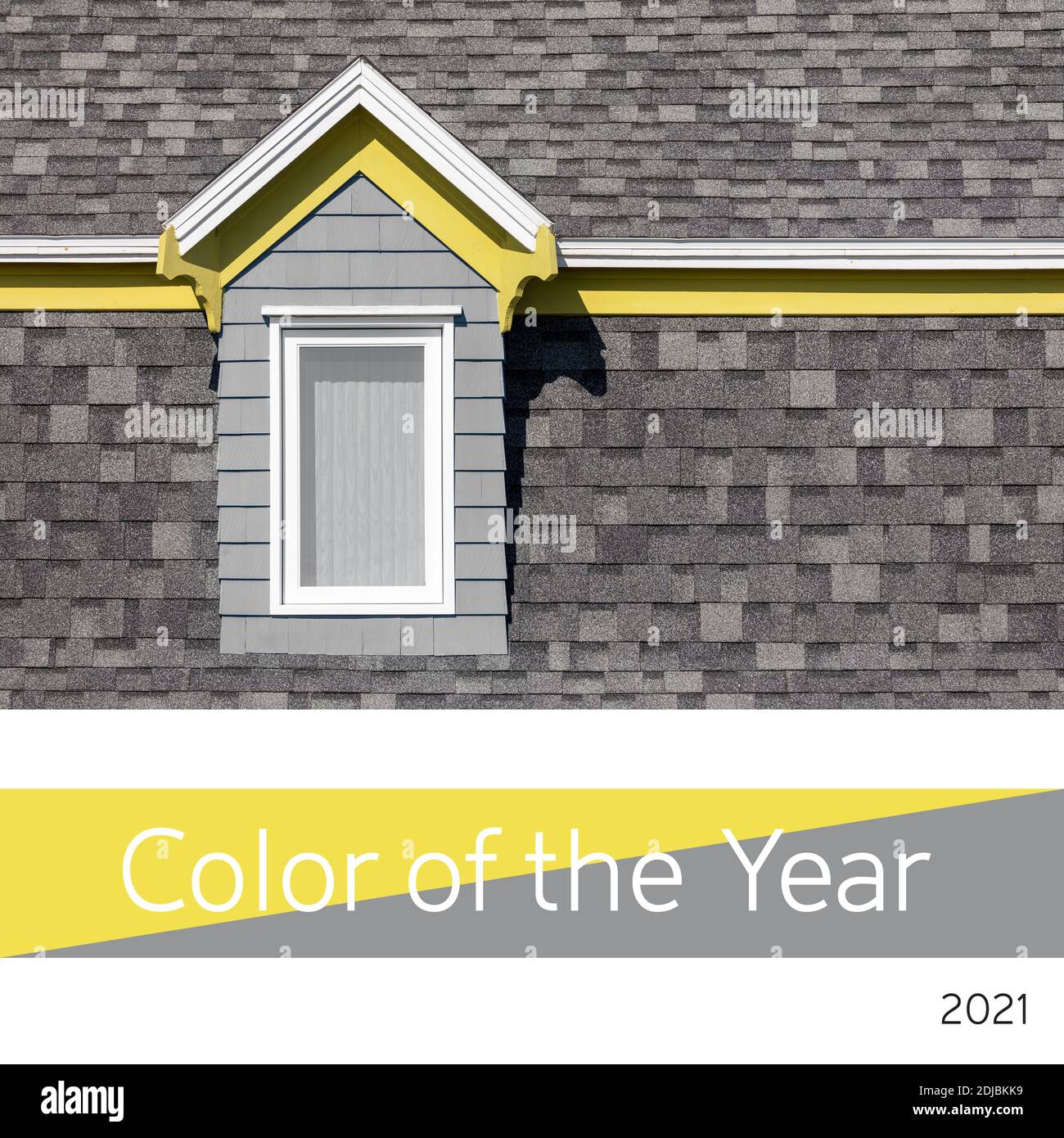 Couleur de l'année 2020, gris ultime et jaune lumineux. Fenêtre lumineuse et mur carrelé représentant cette tendance de couleurs pour 2021. Banque D'Images