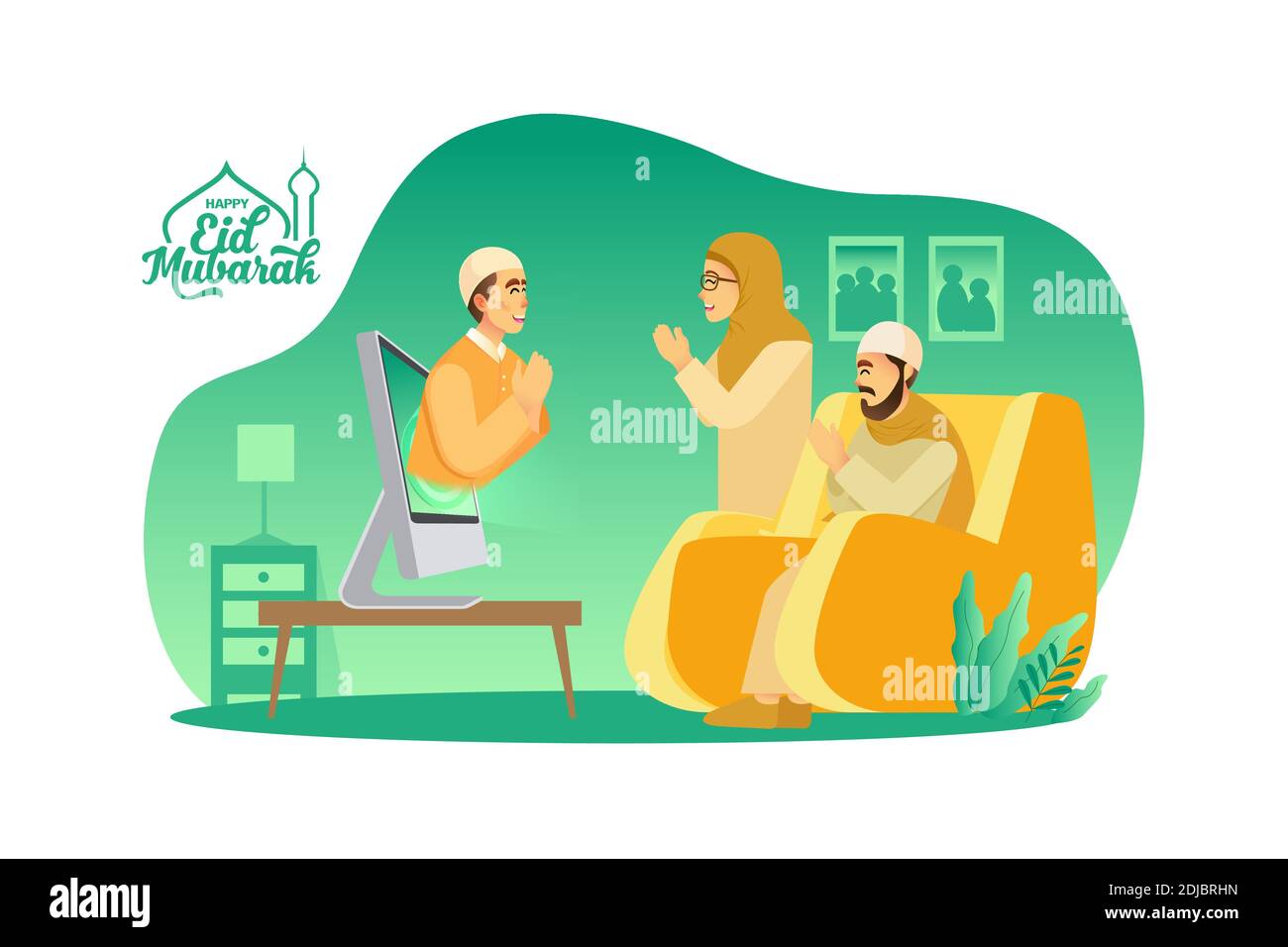 Carte de salutation EID mubarak. homme musulman bénédiction d'Eid mubarak aux parents par le biais d'écrans d'ordinateur utilisant l'application de vidéoconférence pendant la pandémie de Covid-19 Illustration de Vecteur