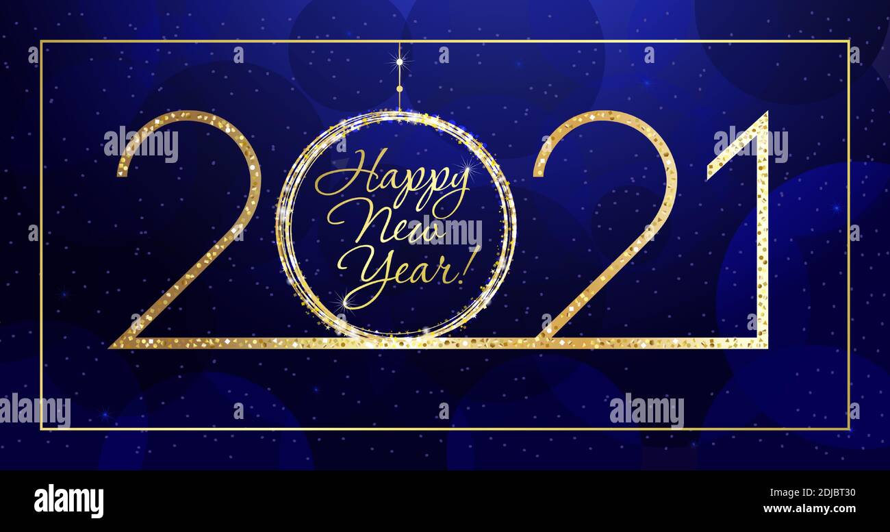 2021 UNE carte de vœux du nouvel an. Toile de fond bleu nuit. Nombres saisonniers, texte calligraphique. Logotype décoratif. Motif graphique abstrait isolé t Illustration de Vecteur