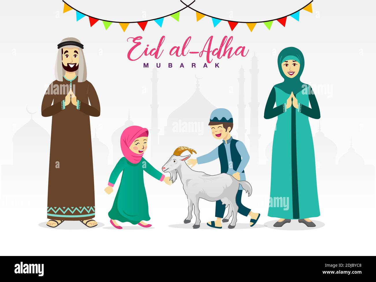 Carte de vœux EID al Adha. Caricature de famille musulmane célébrant Eid al Adha avec mosquée comme fond. Illustration vectorielle Illustration de Vecteur