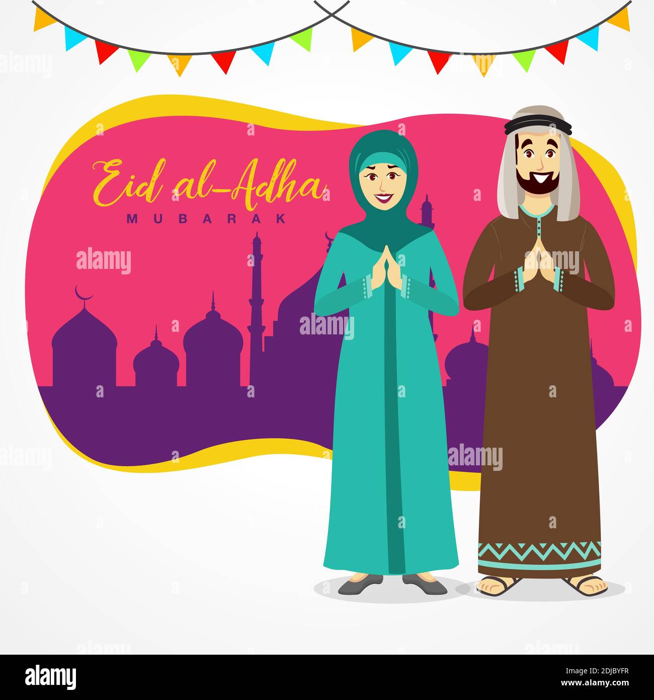 Carte de vœux EID al Adha. Caricature couple arabe célébrant Eid al Adha avec mosquée comme toile de fond. Illustration vectorielle Illustration de Vecteur