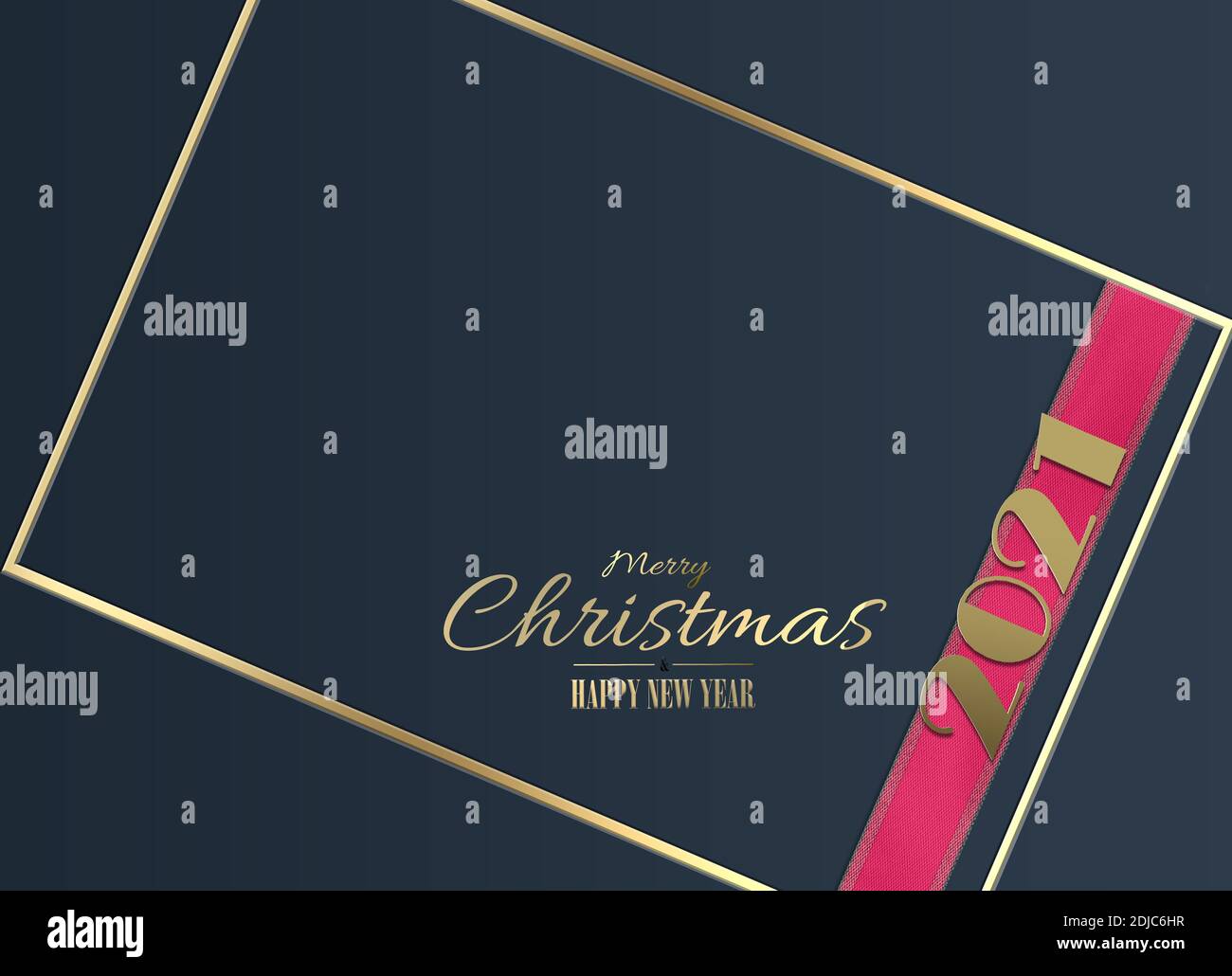 Décoration de Noël élégante rose bleu or. Ruban rose avec or brillant chiffre 2021, texte doré avec voeux de Noël sur fond bleu foncé. 3D il Banque D'Images