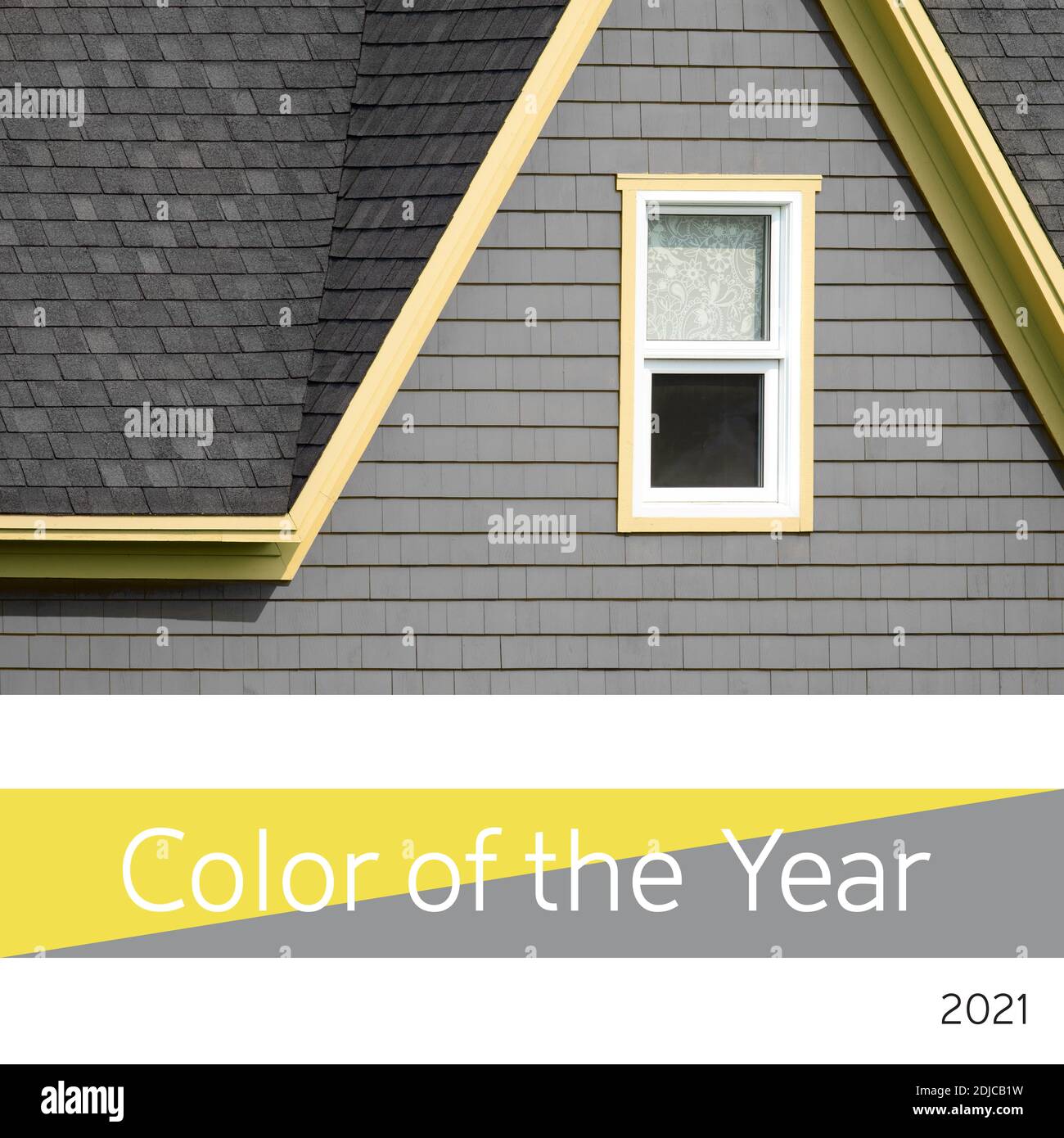Couleur de l'année 2021, gris ultime et jaune lumineux. Fenêtre lumineuse et mur en mosaïque représentant la tendance des couleurs pour 2021. Banque D'Images
