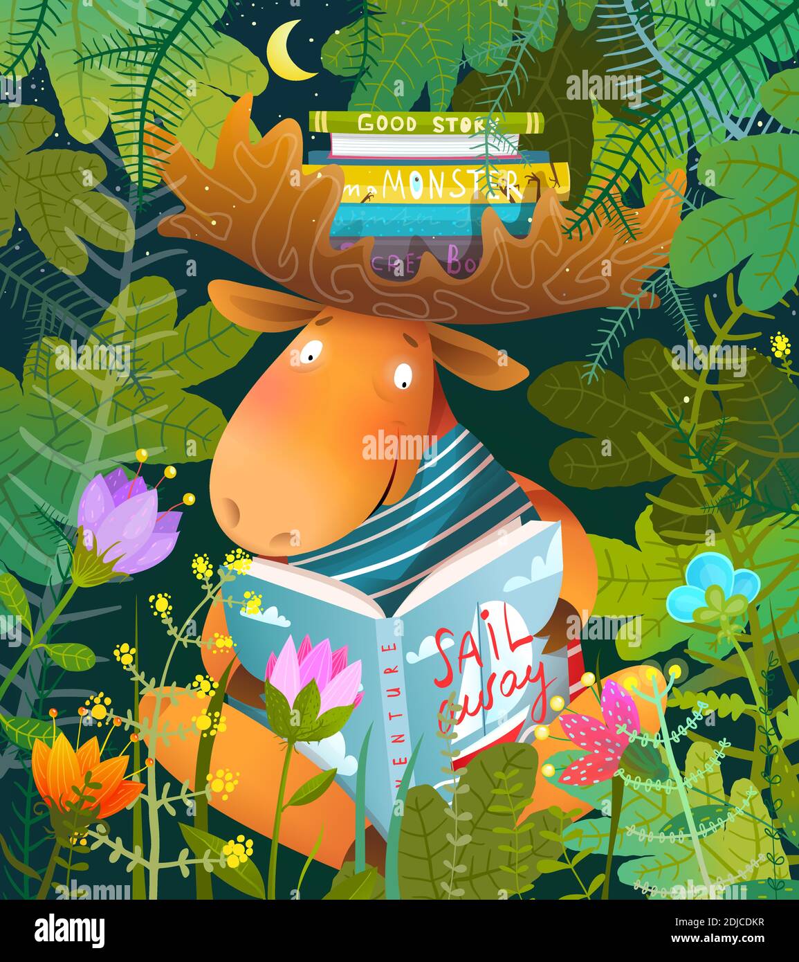 Moose ou Elk Reading Story Book in Forest for Kids Illustration de Vecteur