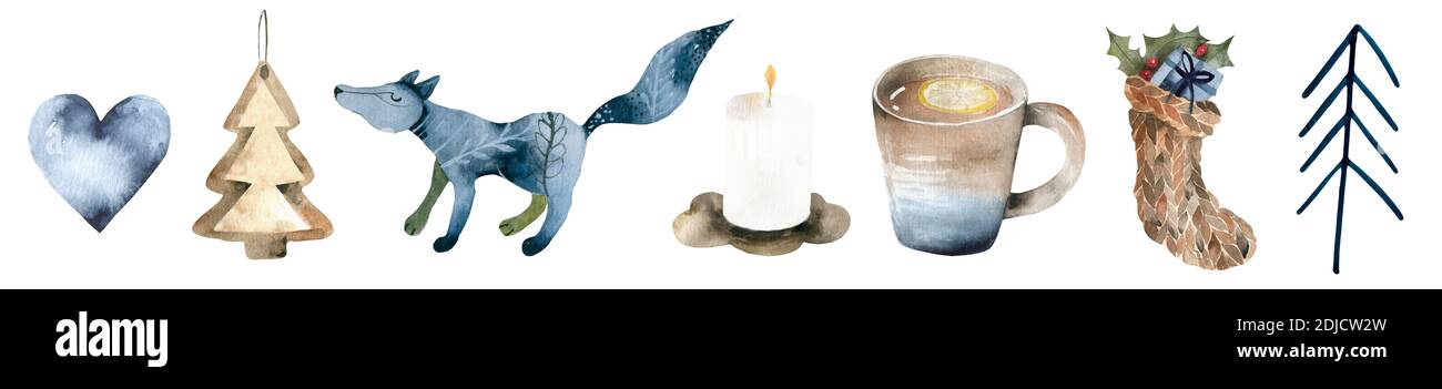 Collection d'objets de Noël aquarelle avec cône de pin, bonhomme de neige, couronne. Illustration pour icône, logo, autocollant, imprimable Banque D'Images