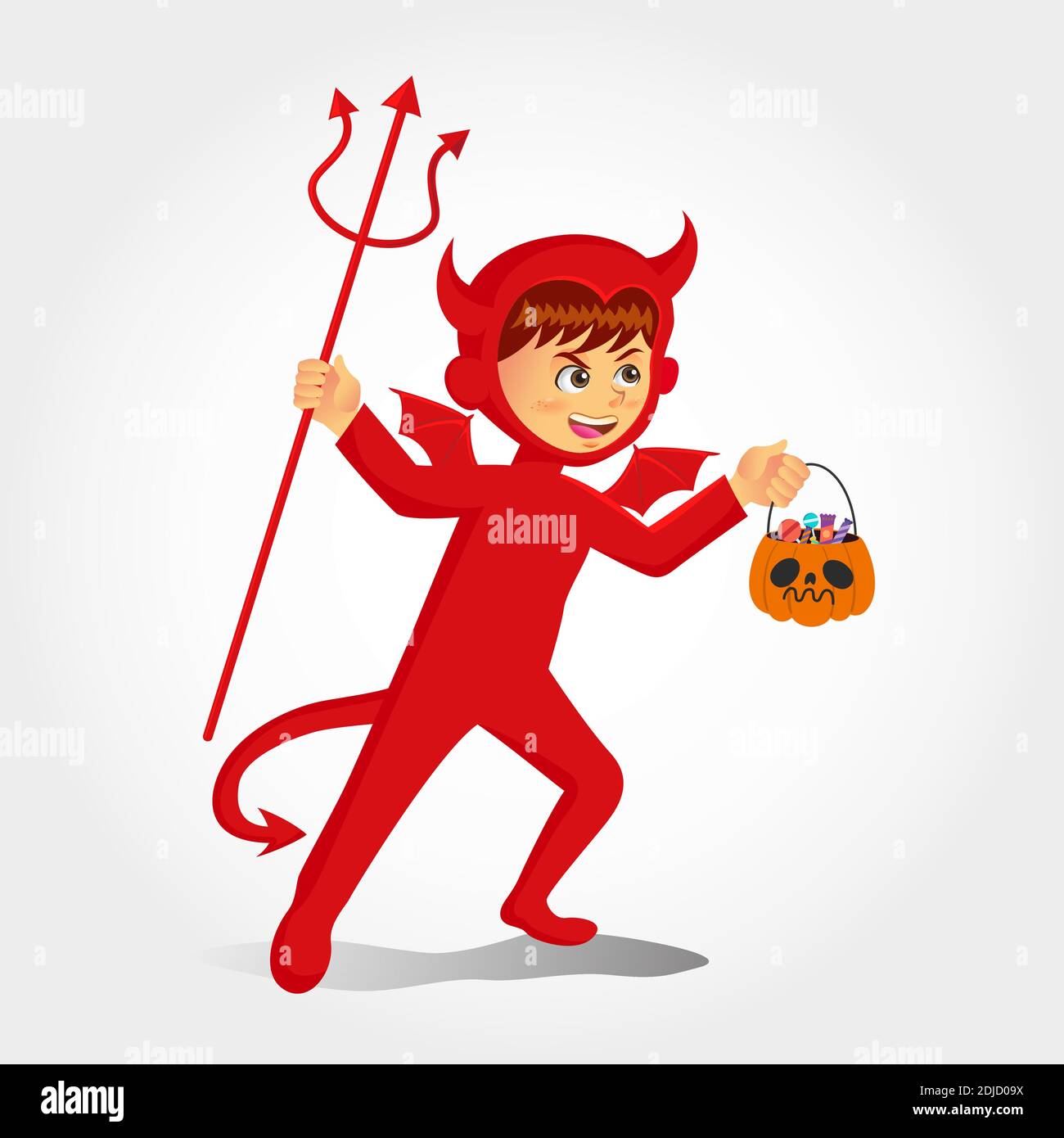 Mignon petit garçon de dessin animé en costume de diable avec un sac de citrouille pour les bonbons, trick ou traiter isolé sur fond blanc Illustration de Vecteur