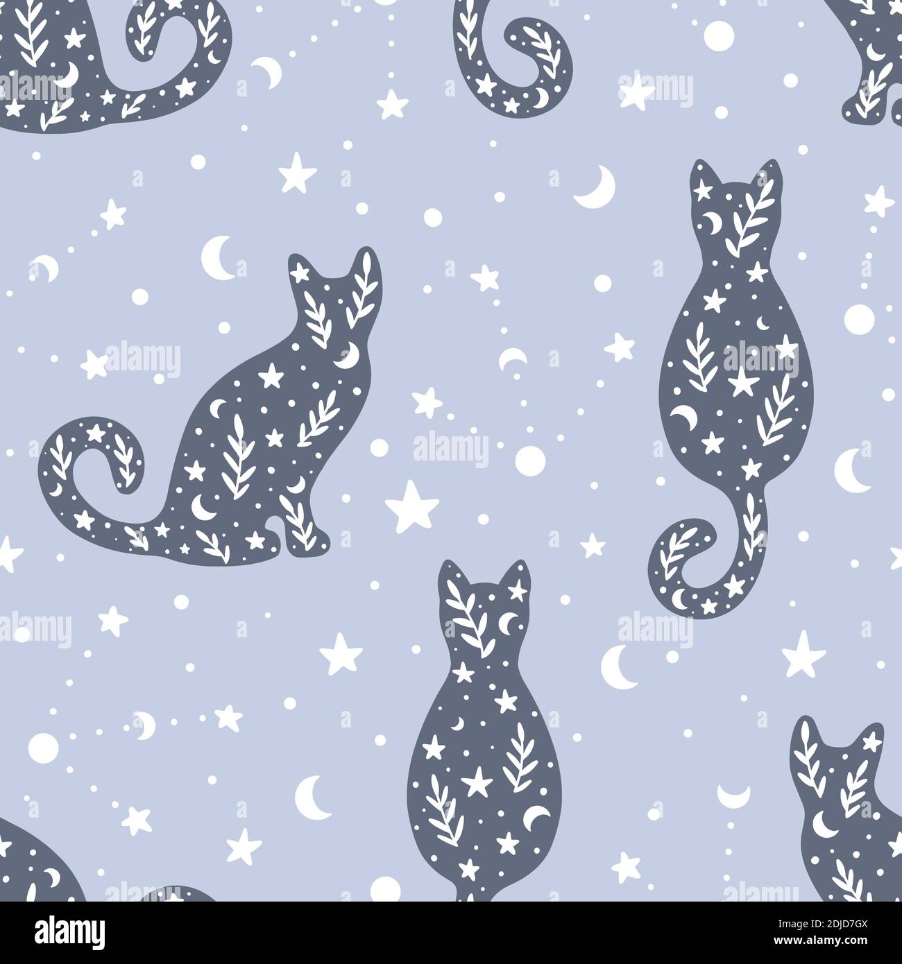 Joli motif sans couture dessiné à la main avec des chats et des éléments célestes de style bohème. Illustration vectorielle de style scandinave dessinée à la main. Illustration de Vecteur