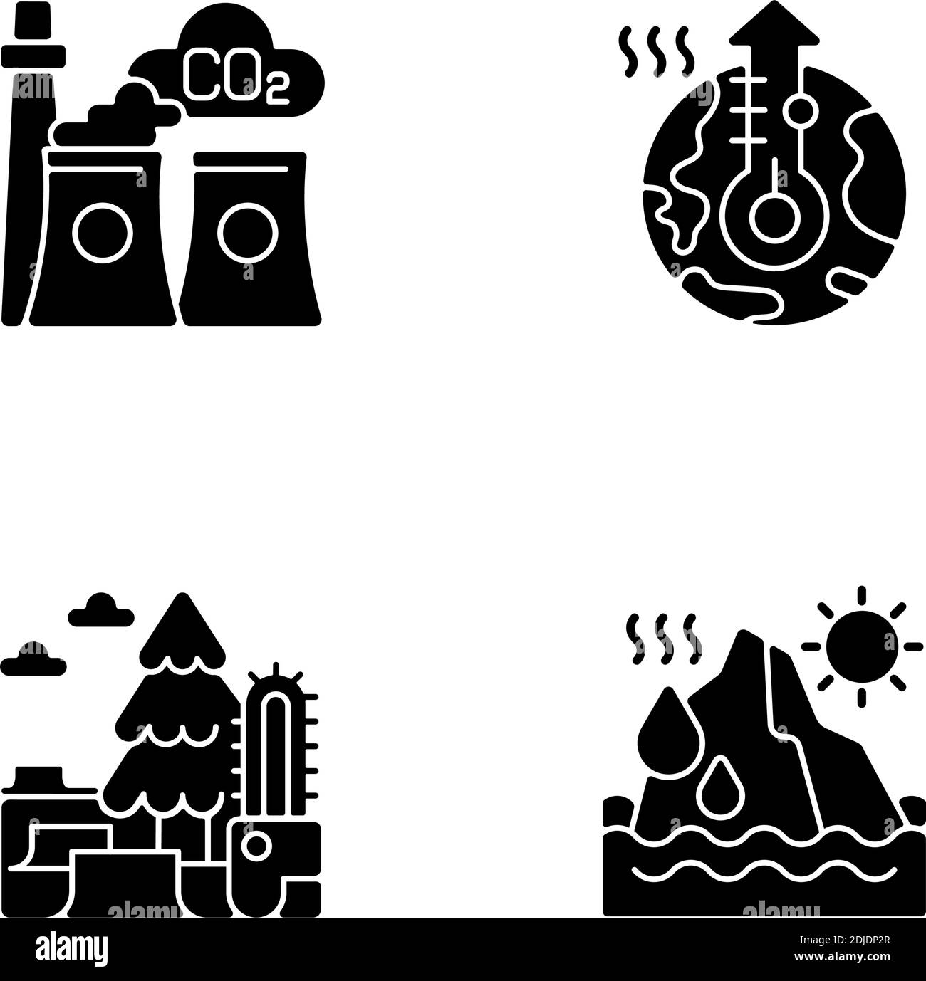 Les icônes de glyphe noir du réchauffement climatique sont définies sur un espace blanc Illustration de Vecteur