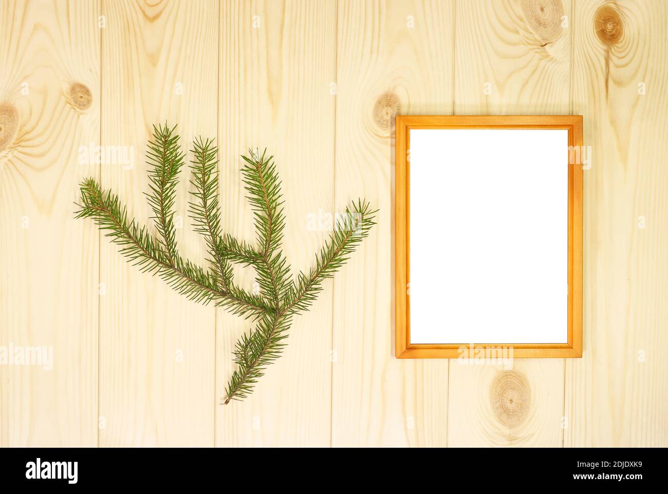 Faites une maquette des cadres en bois vides et des brindilles de sapin sur un arrière-plan mural en pin azur, montrez du texte ou du produit. Thème de Noël. Banque D'Images