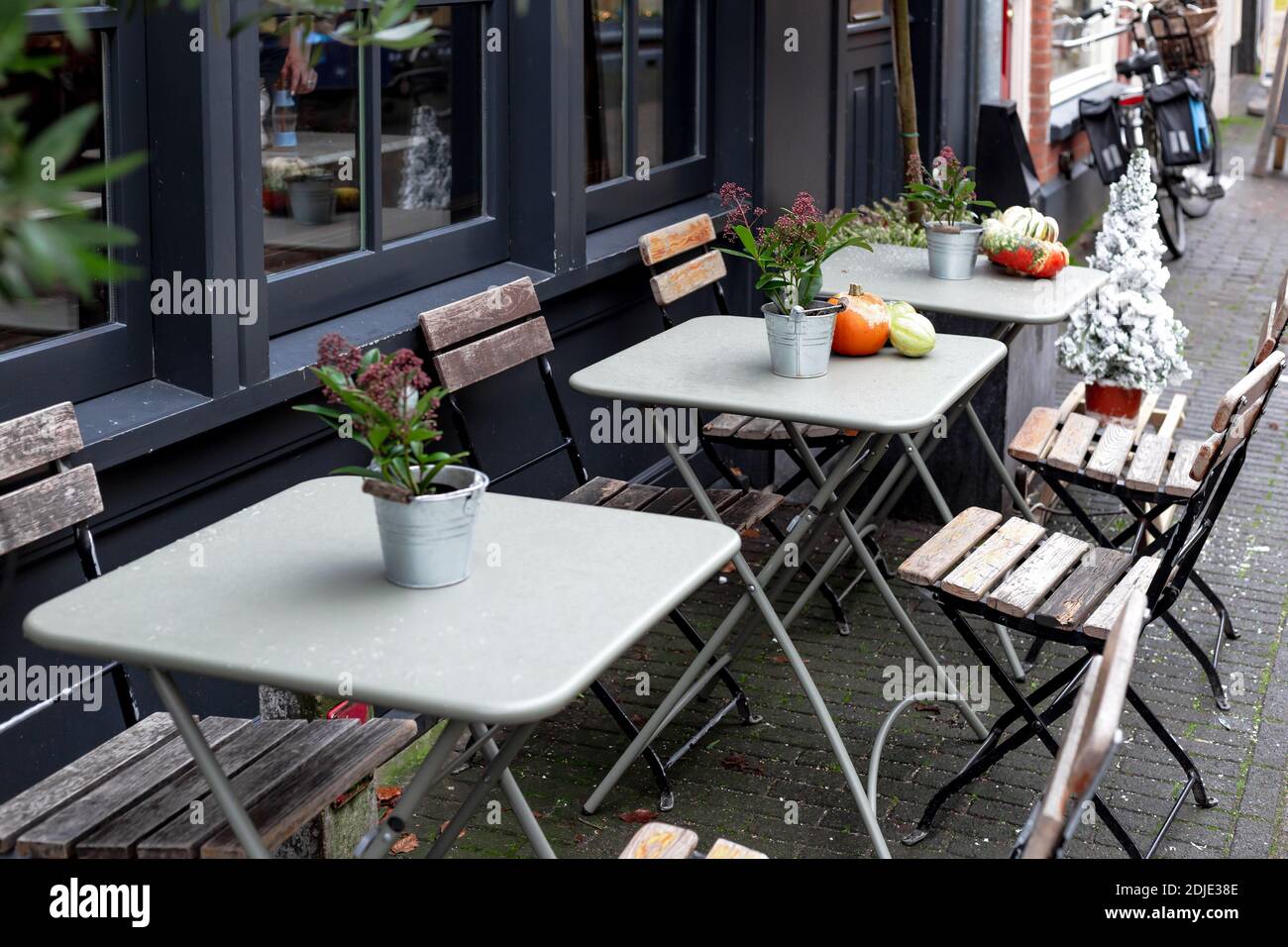 Street café pendant Noël avec des citrouilles et des fleurs de Skimmia rouge de style européen. Tables extérieures avec chaises sur la terrasse du café à Amsterdam. Vintage Banque D'Images