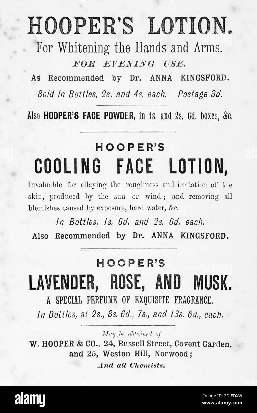 Publicités de produits de santé et de beauté de l'ancienne époque victorienne. À partir de 1886 - normes pré-publicité. Vieille publicité de santé, histoire de la publicité Banque D'Images