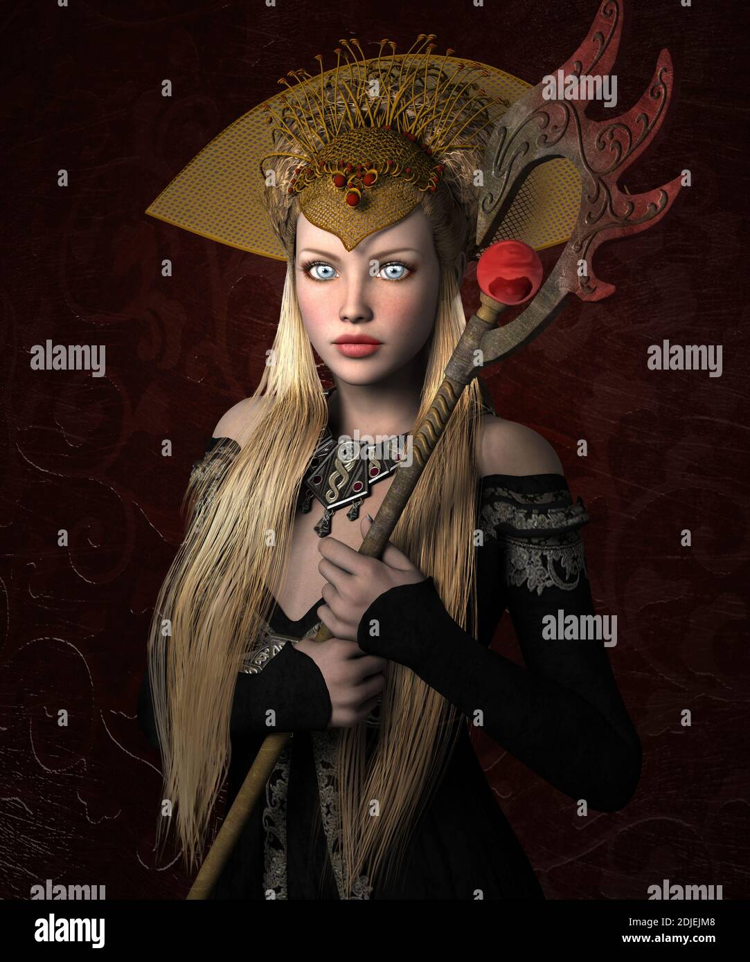 Jeune reine blonde médiévale avec des yeux bleus tenant un sceptre Banque D'Images