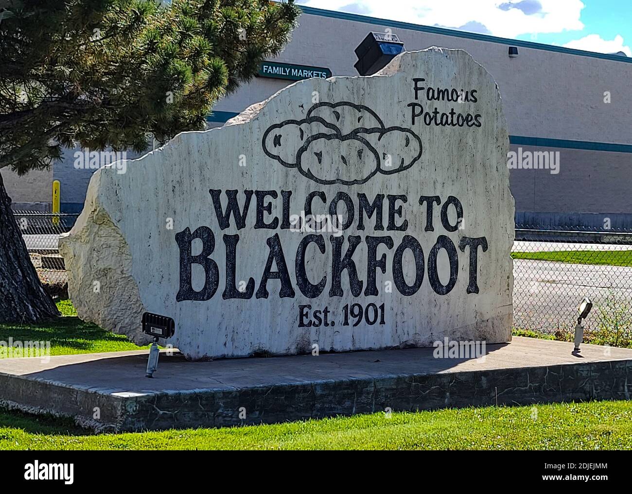 Bienvenue au panneau Blackfoot avec des pommes de terre célèbres dans l'Idaho Banque D'Images