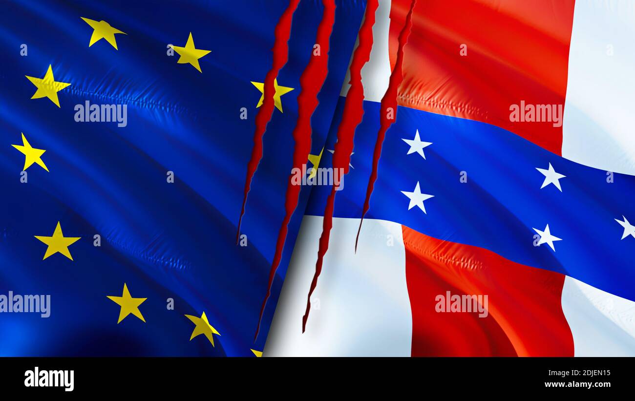 Drapeaux de l'Union européenne et des Antilles néerlandaises avec concept de cicatrice. Drapeau d'ondulation, rendu 3D. Concept de conflit entre l'Union européenne et les Antilles néerlandaises. E Banque D'Images