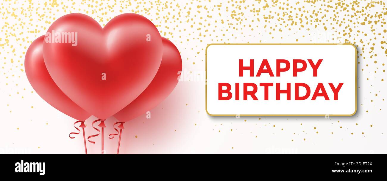 Carte De Vœux D Anniversaire Avec Ballons En Forme De Coeur Rouge Et Paillettes Dorees Banniere Horizontale Pour La Celebration De L Anniversaire Avec Message De Vœux Joyeux Anniversaire Image Vectorielle Stock Alamy