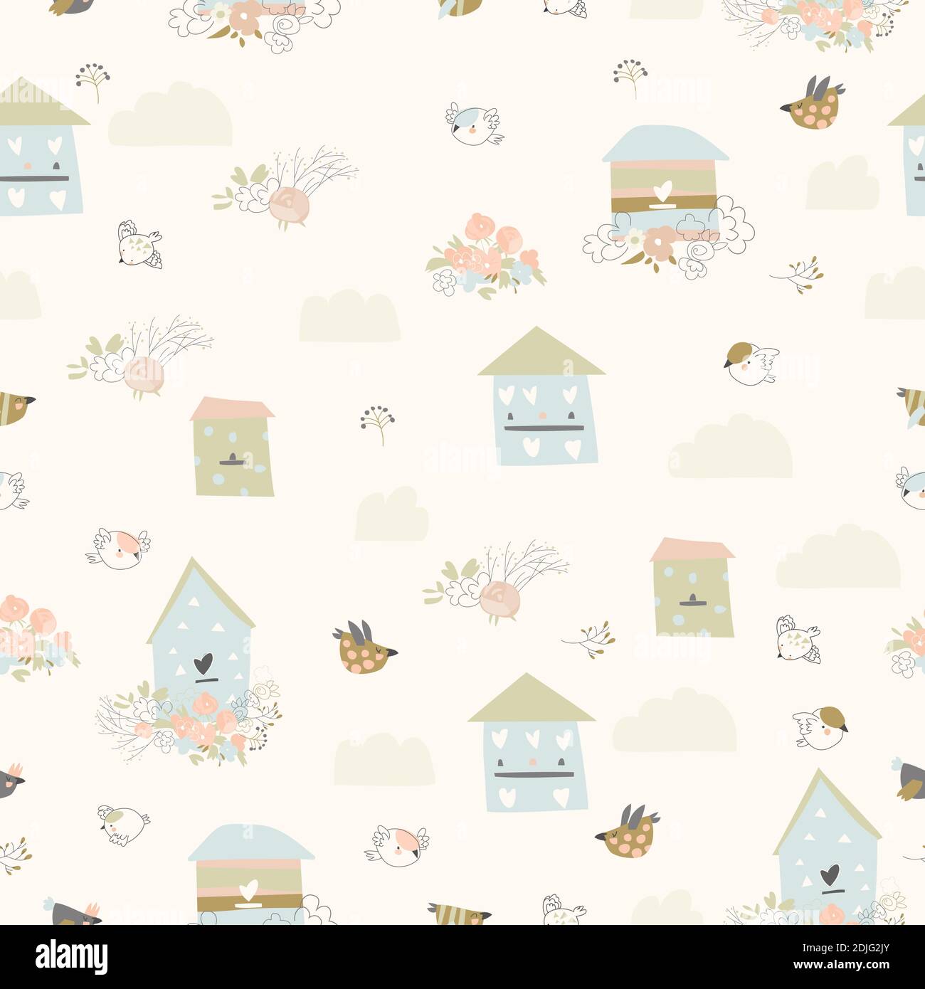 Motif printanier sans couture avec fleurs, oiseaux et birdhouses Illustration de Vecteur