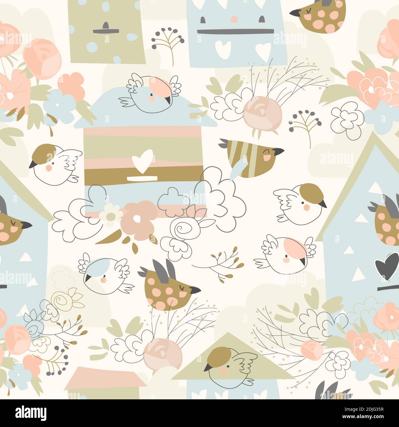 Motif printanier sans couture avec fleurs, oiseaux et birdhouses Illustration de Vecteur