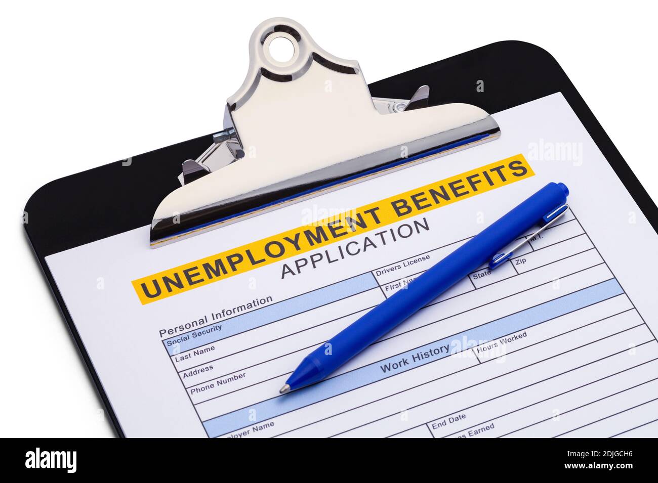 Demande de prestations de chômage dans le presse-papiers avec Pen. Banque D'Images