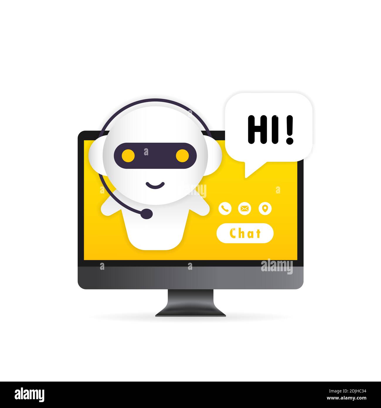Chatbot dans l'illustration de l'ordinateur. Modèle de page de renvoi bot de l'assistant en ligne. Boîte de dialogue, message. Assistance technique. Pour la page Web. Vecteur sur isolé Illustration de Vecteur