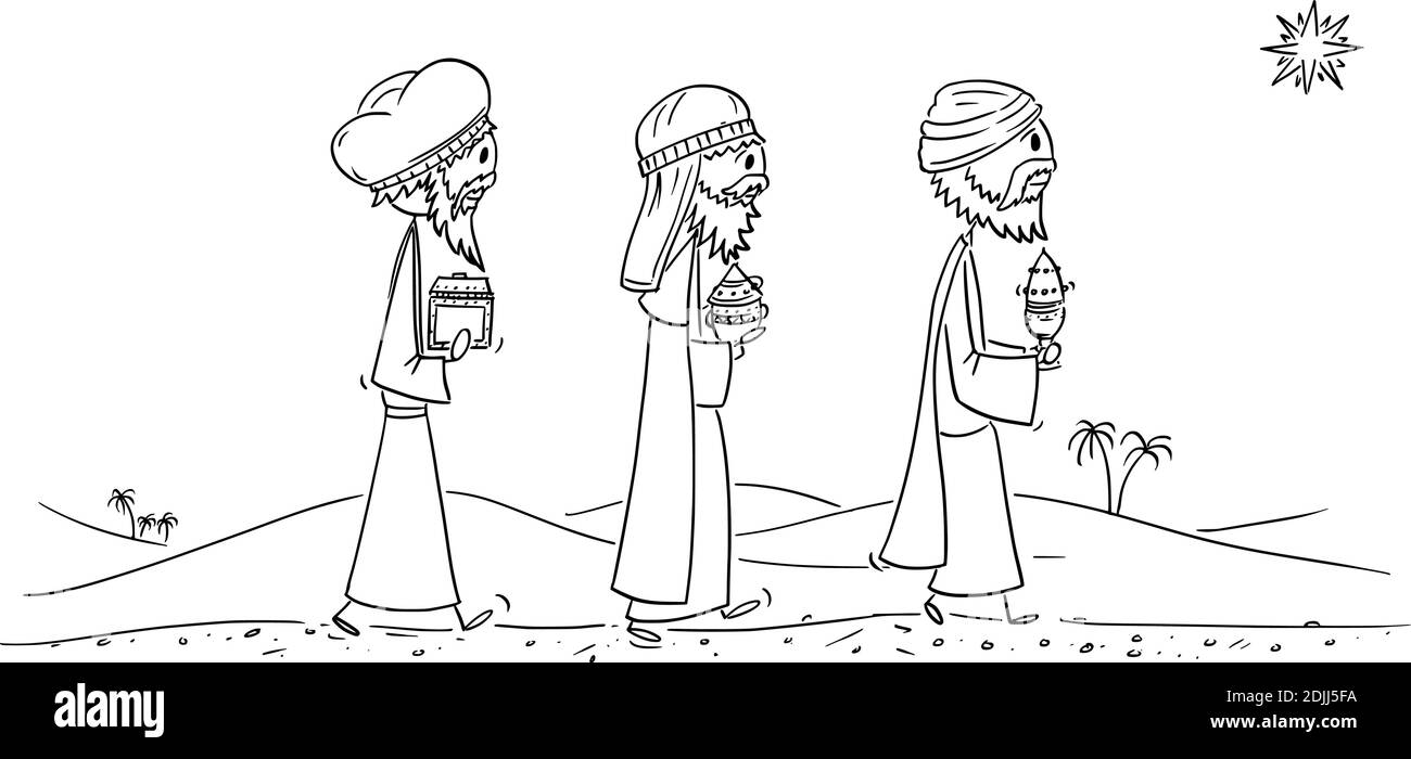 Illustration vectorielle de la figure de bâton de dessin animé de trois hommes ou rois sages ou magi biblique portant des dons d'or, d'encens et de myrrhe à Jésus après sa naissance à Bethléem. Concept de la Bible, du christianisme et de Noël. Illustration de Vecteur