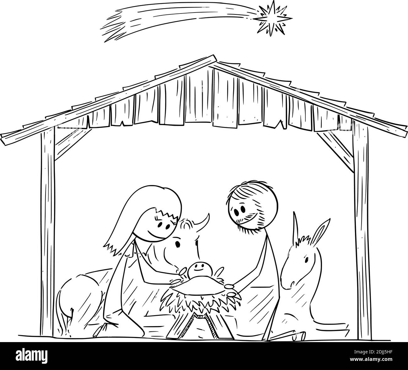 Dessin-modèle vectoriel en bâton illustration de la scène de la nativité du bébé Jésus, Marie et Joseph à Bethléem. Illustration de Vecteur