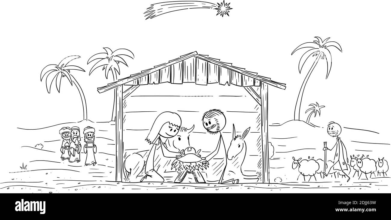 Dessin-modèle vectoriel en bâton illustration de la scène de la nativité du bébé Jésus, Marie et Joseph à Bethléem. Shepherd et trois sages ou rois viennent. Illustration de Vecteur