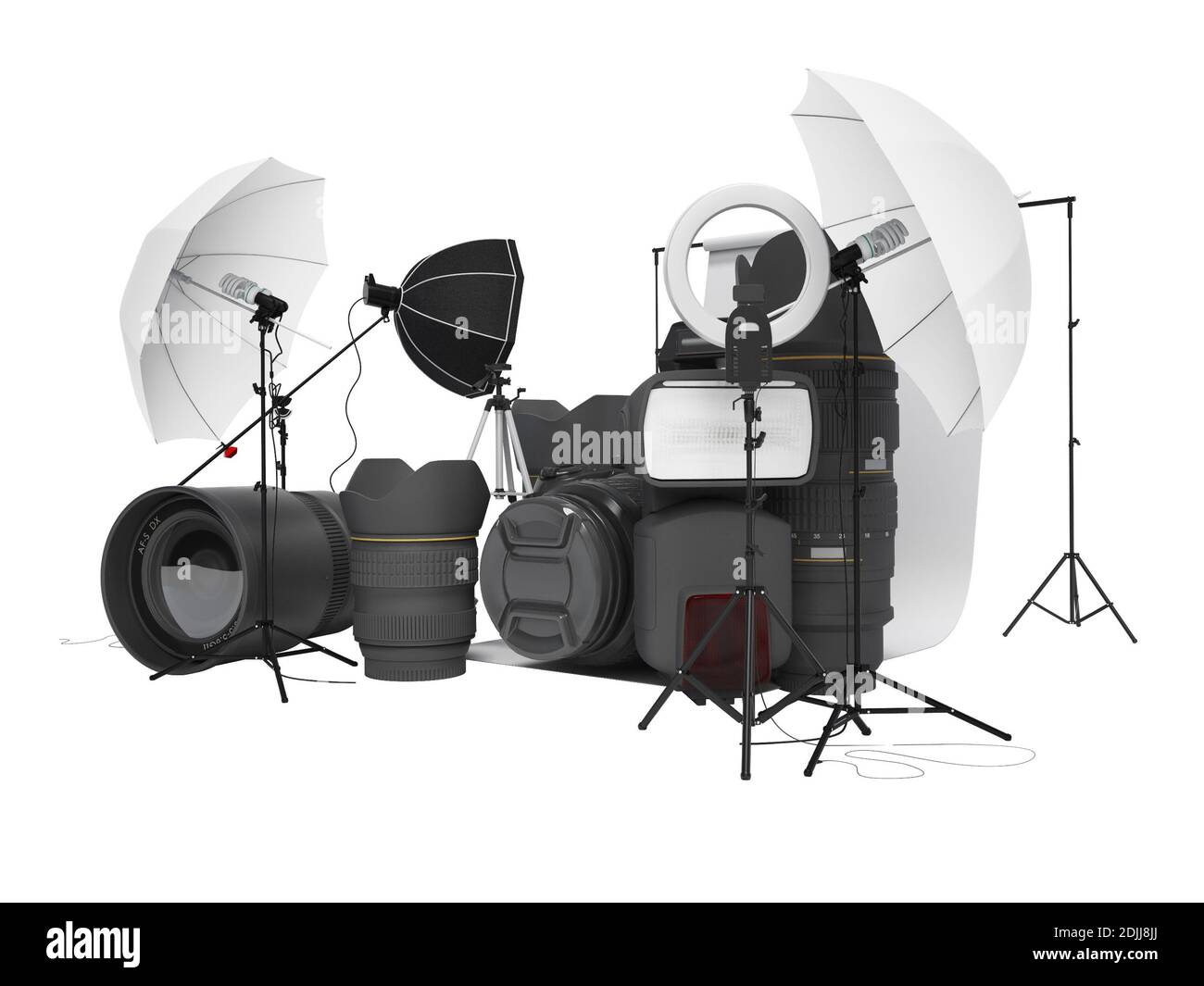 Concept de l'équipement studio softbox photo parapluie photo appareil photo  bague d'objectif lumière rendu 3d sur fond blanc sans ombre Photo Stock -  Alamy