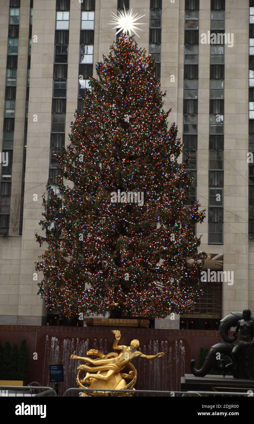 New York, New York, États-Unis. 13 décembre 2020. Vue sur le Rockefeller Plaza Christmas Tree qui ne peut être vu de près que pendant 5 minutes après avoir pris un rendez-vous virtuel, porté des couvertures de visage et socialement distancé. Crédit : Nancy Kaszerman/ZUMA Wire/Alay Live News Banque D'Images