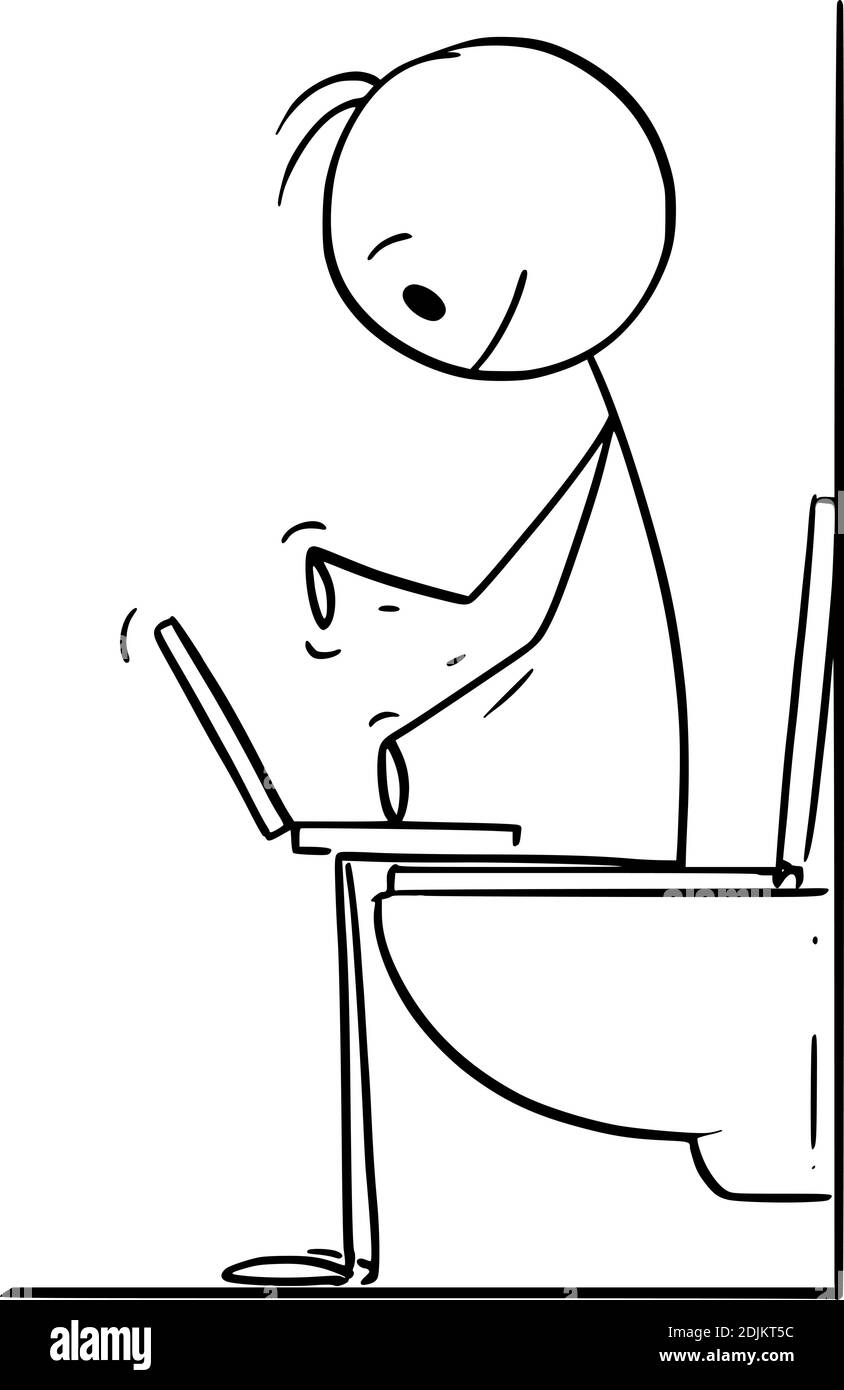 Dessin animé vectoriel figure représentant un homme ou un homme d'affaires en train de taper sur un ordinateur ou de travailler tout en étant assis sur les toilettes dans la salle de bains. Concept de bureau à domicile. Illustration de Vecteur