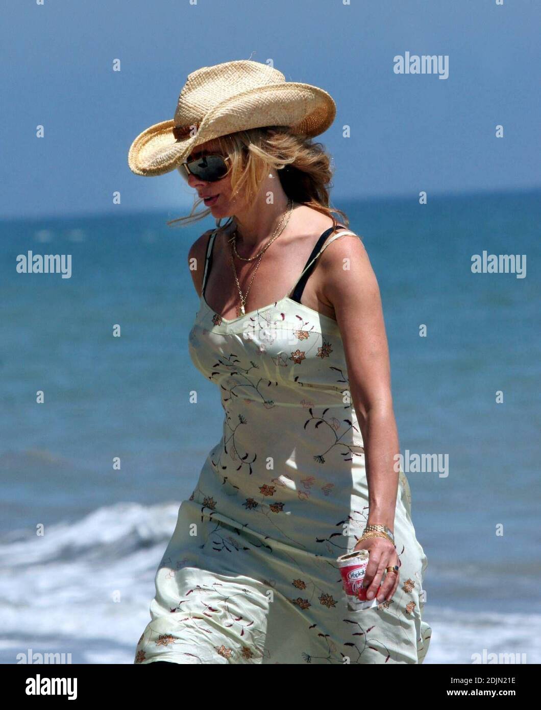 Rosanna Arquette fait une promenade sur la plage avec un ami tout en jouant à FETCH avec quelques chiens. Peut-être l'actrice est-elle consciente de la portée, car elle semble être en fourre-tout un pot de yogourt rempli de sable. Malibu, Calif. 7/9/06 Banque D'Images