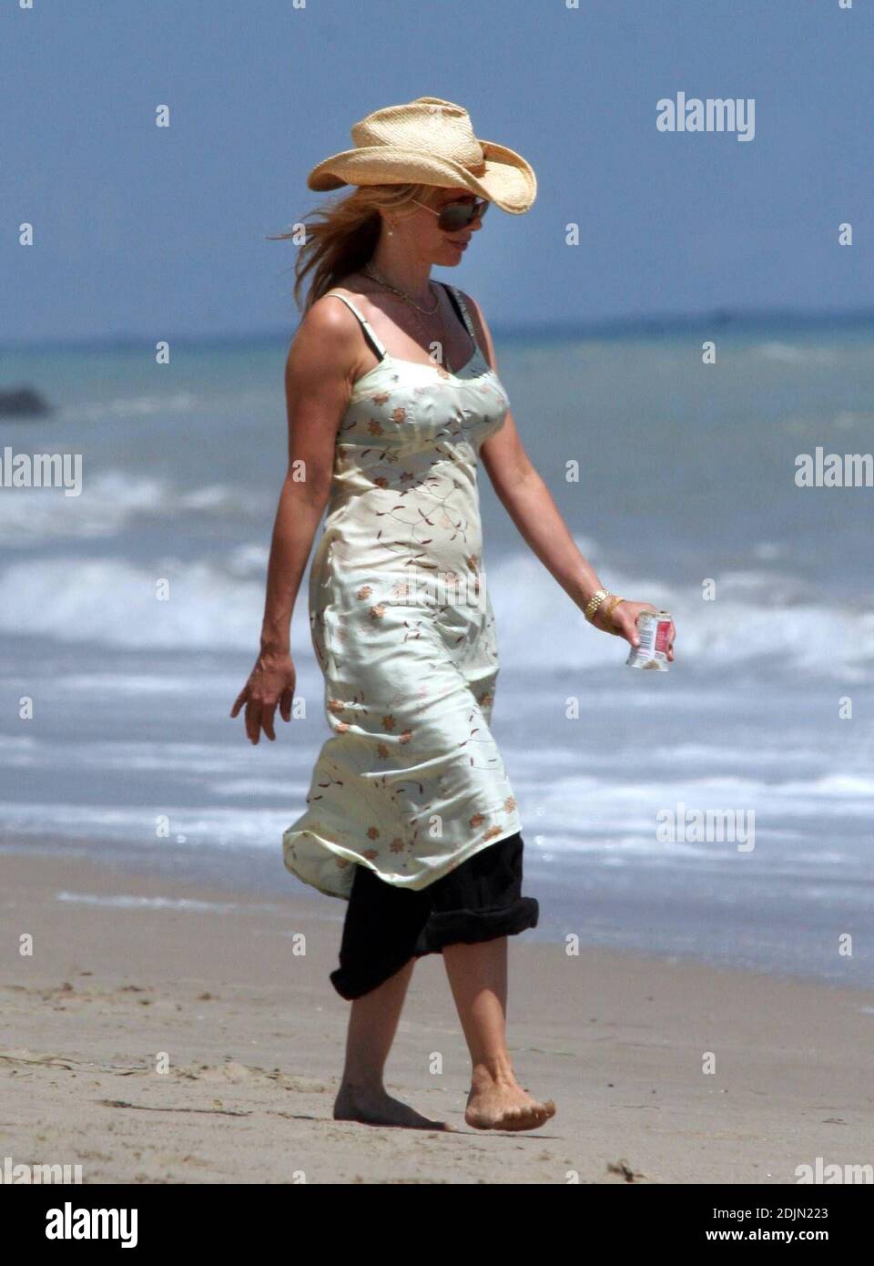 Rosanna Arquette fait une promenade sur la plage avec un ami tout en jouant à FETCH avec quelques chiens. Peut-être l'actrice est-elle consciente de la portée, car elle semble être en fourre-tout un pot de yogourt rempli de sable. Malibu, Calif. 7/9/06 Banque D'Images
