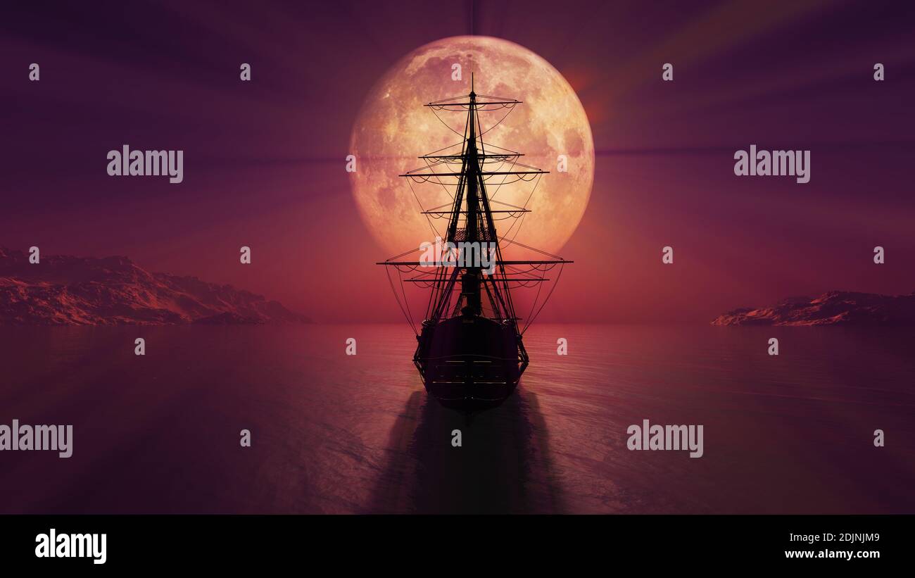 illustration du rendu 3d de l'ancien navire de nuit en pleine lune ...