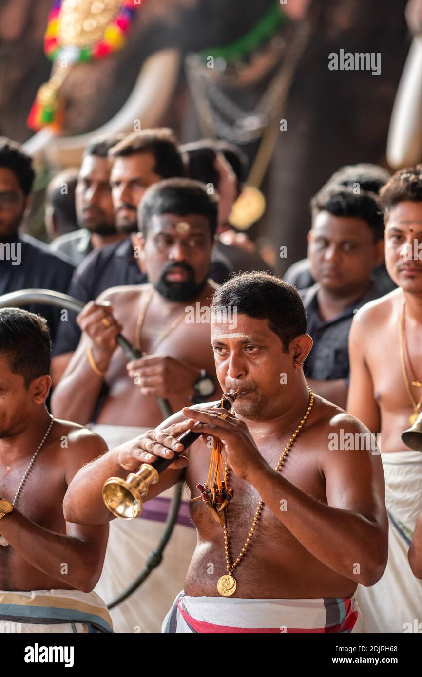 Musiciens indiens traditionnels du sud qui se produisent lors de la célébration du temple à Cochin, en Inde Banque D'Images