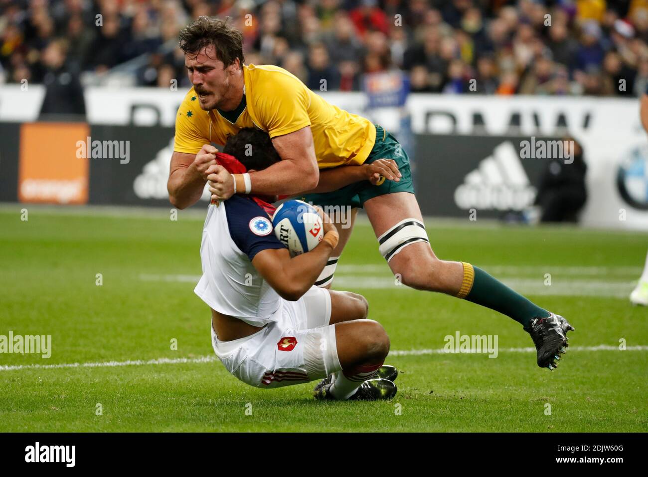 Le 19 novembre 2016, Wesley Fofana, en France, combat le Kane Douglas en Australie contre le match international de rugby d'automne au Stade de France, à St-Denis, en France. L'Australie a gagné 25-23. Photo de Henri Szwarc/ABACAPRESS.COM Banque D'Images