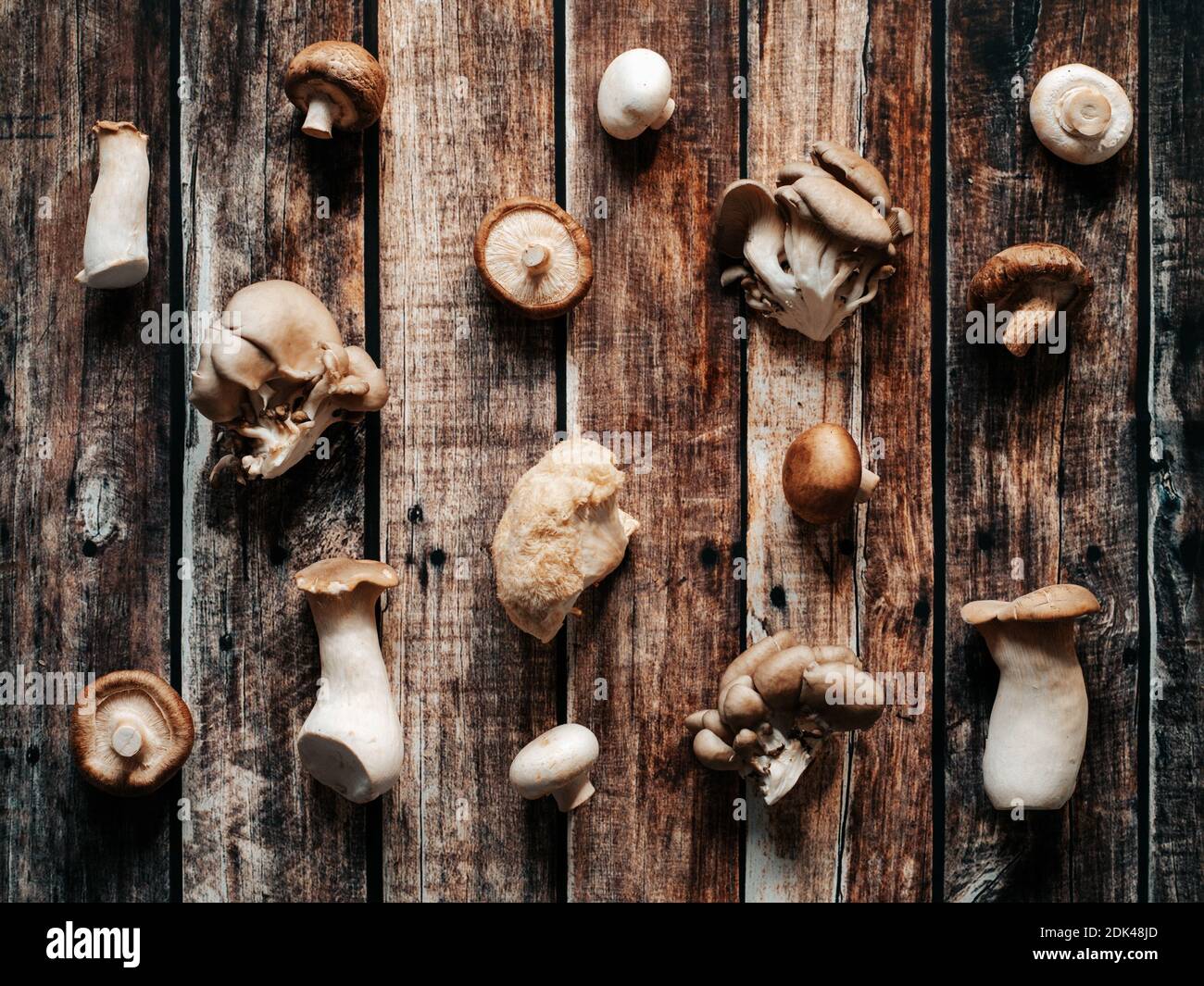 Ensemble de champignons sélectionnés sur fond de bois rustique ancien. Vue de dessus ou plat de shiitake, champignon huître, pompon, champignons champignon. Motif de différents types de champignons asiatiques. Banque D'Images