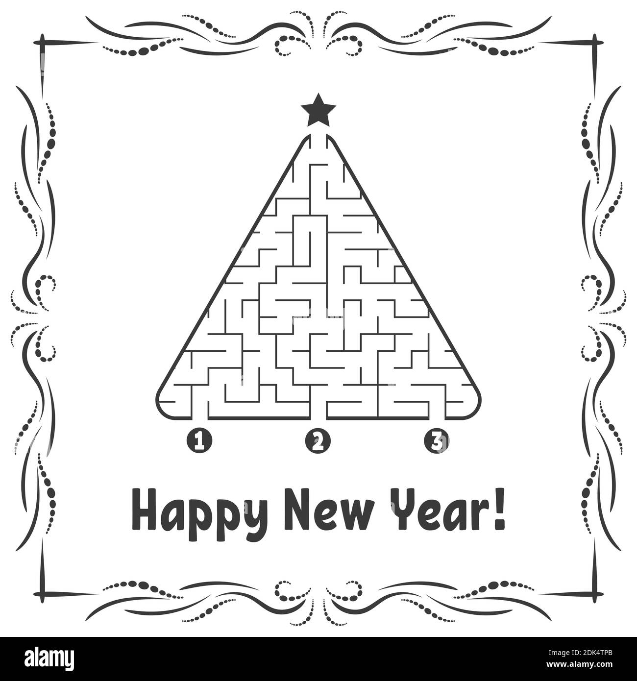 Carte de vœux du nouvel an avec labyrinthe triangulaire. Trouvez le chemin approprié vers l'étoile. Jeux pour enfants. Arbre de Noël. Marbruler le tambour. Illustratio vectoriel Illustration de Vecteur